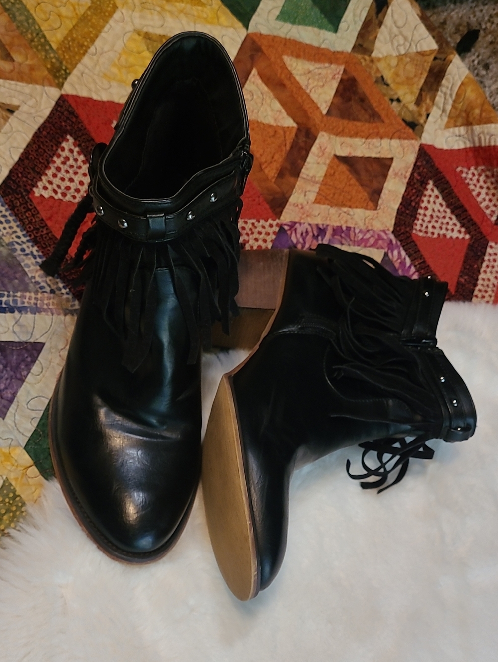 Steve Madden Maisy Black Western Fringe Faux Leather Ankle Booties